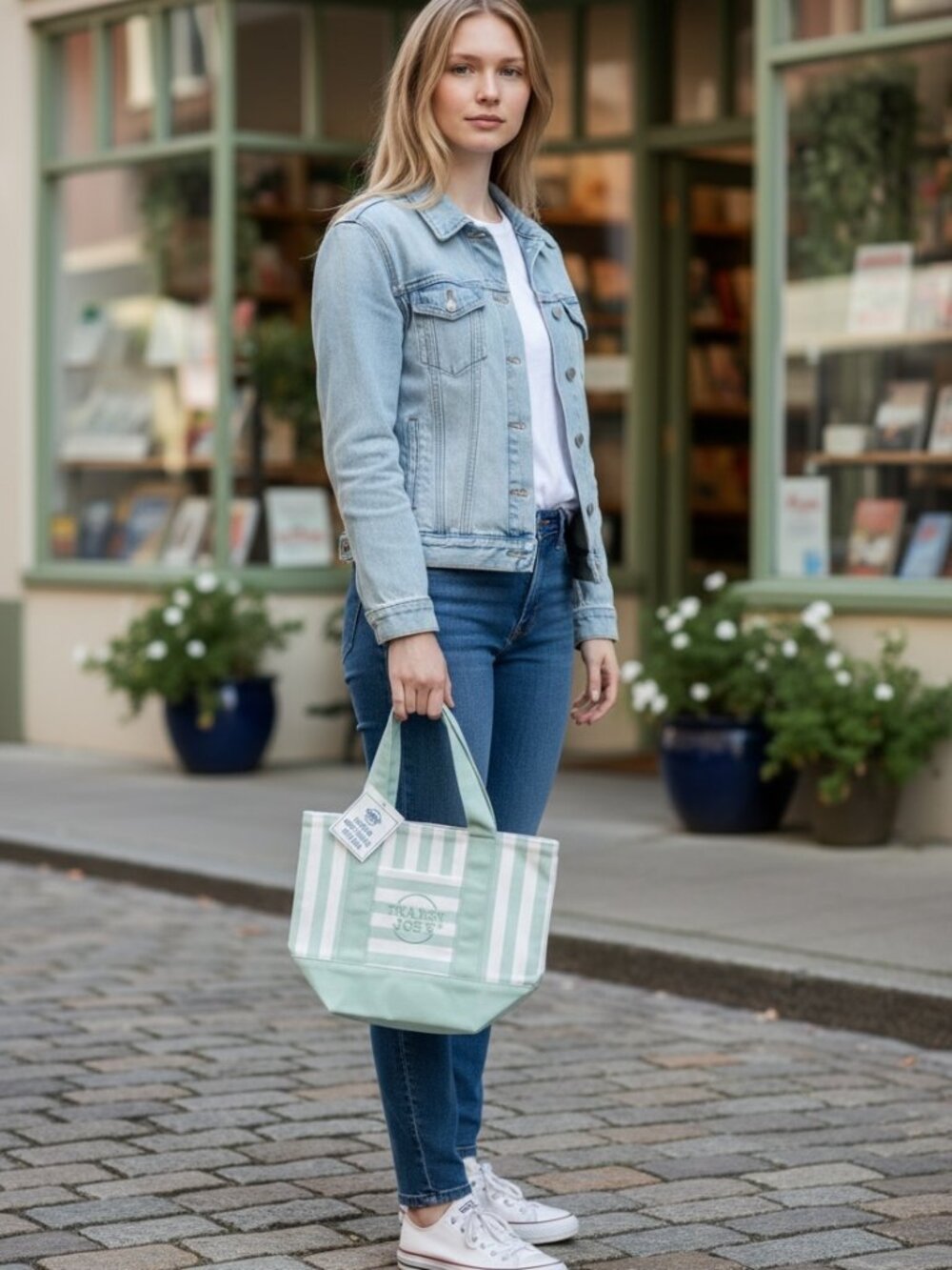 Trader Joe's Green Stripe Mini Canvas Tote NWT Hot off the press